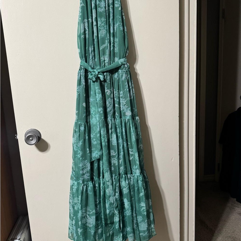 Float to You Green Floral Print Halter Tiered Midi Dress